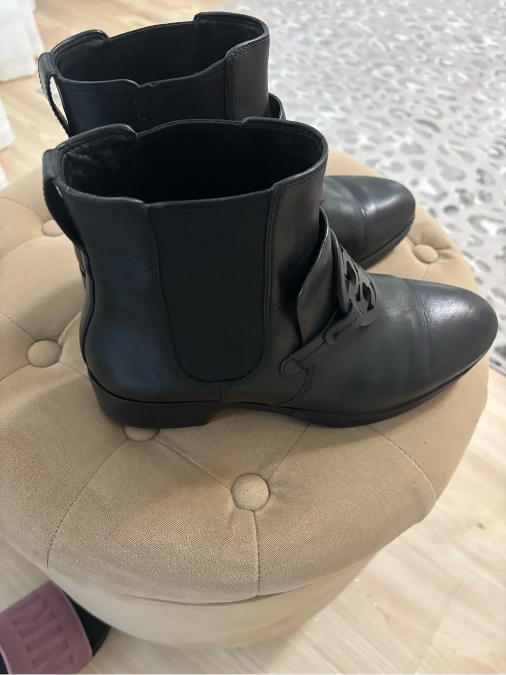 Tory Burch Black Leather Ankle Booties with Logo Medallion